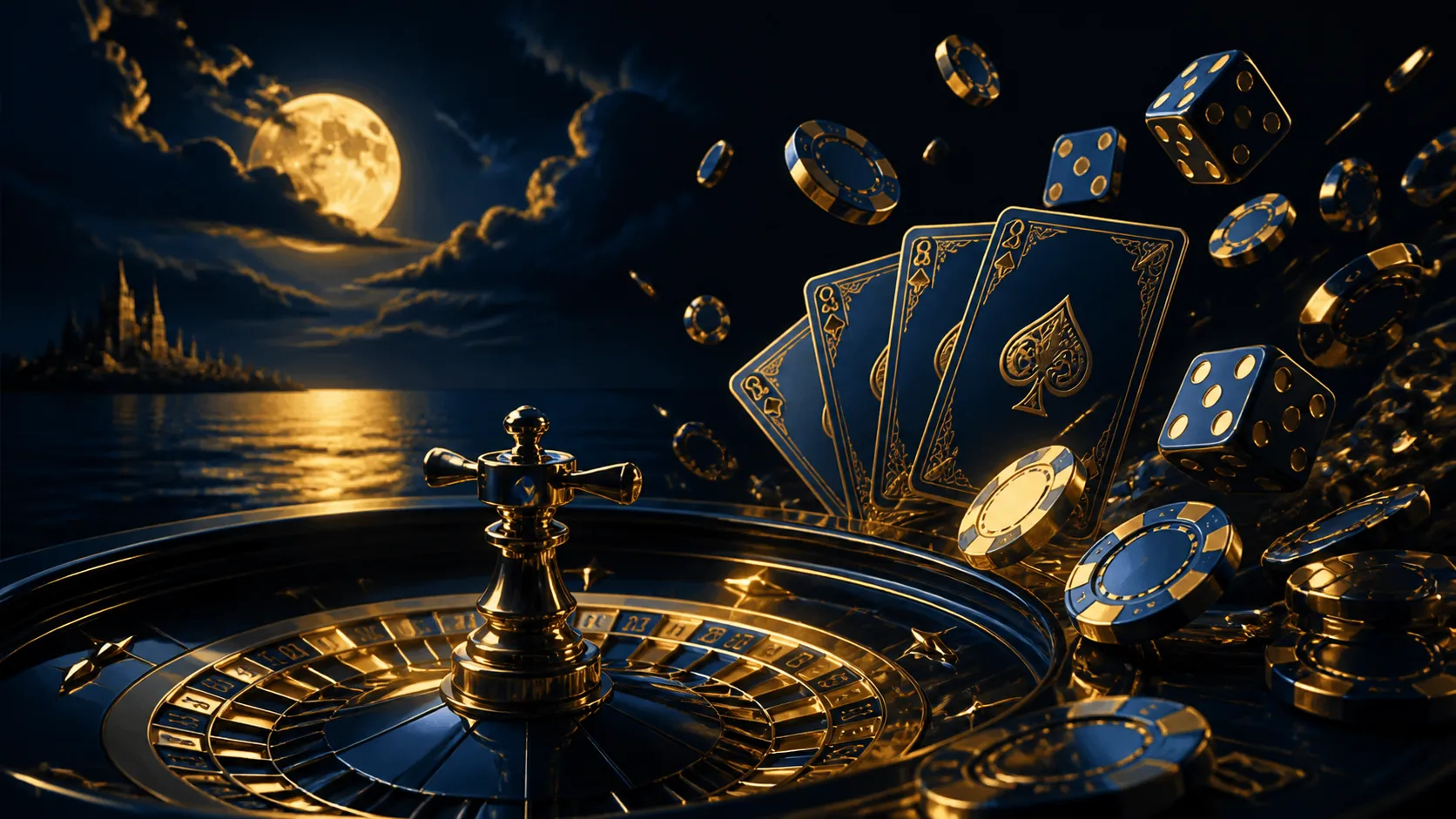 Luxurious casino scene with neon-lit dice and glowing elements reflecting Nightluck theme.