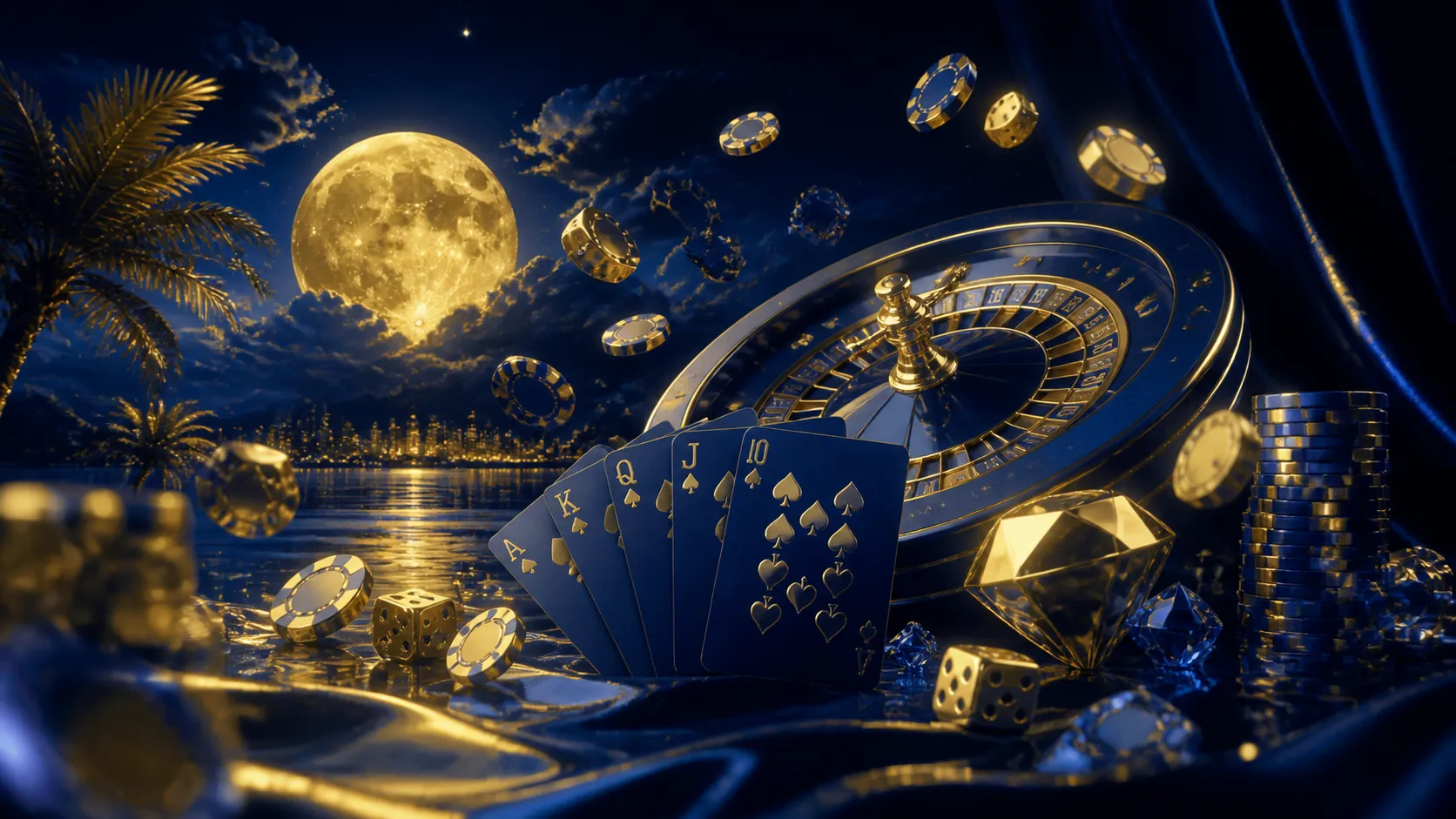 Stunning hero banner image for Nightluck casino with vibrant neon dice and roulette wheel on dark background